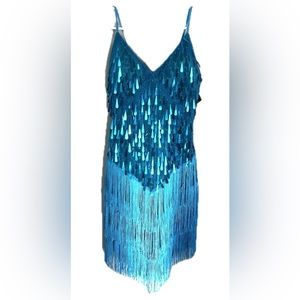 NWT Anthropologie Blue Spaghetti Strap Sparkly Fringe Tassle Dress New Years Eve